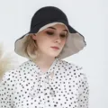 Reversible bucket hat for women, summer wide brim sun protection hat, stylish Korean style. - One Size with Windproof Cord / Black