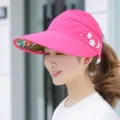 Pink Sun Visor Women Wide Brim UV Protection Summer Beach Hat with Pearls & Flowers - Adjustable / Pearl Rose Red