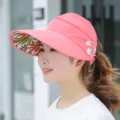 Pink women sun visor hat with wide brim, floral print inner lining and pearl side decor. - Adjustable / Pearl Pink
