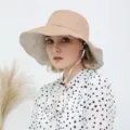 Reversible wide-brim sun bucket hat, khaki summer casual outdoor sun protection cap. - One Size with Windproof Cord / Beige