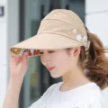 Women sun hat empty top wide brim uv protection beige beach hat with floral pearl decor summer - Adjustable / Pearl Trim Elegance Khaki