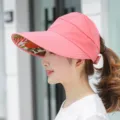 Pink women empty top sun visor hat with floral brim lining for outdoor summer beach use. - Adjustable / Plain Pink