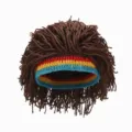 Novelty crochet wig hat with dreadlocks and colorful striped brim, hip-hop retro streetwear cap. - Adjustable / Hand-Knitted Wig Beanie / Brown