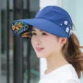 Blue wide-brim empty-top sun hat with floral pattern underside and pearl side decor. - Adjustable / Pearl Navy Blue