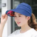Women summer sun protection empty top hat large brim UV blocking beach outdoor sun visor cap - Adjustable / Plain Navy Blue
