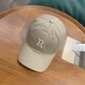 Casual vintage washed cotton baseball cap with embroidered letter R, comfortable classic sunshade hat. - Adjustable / Light Khaki