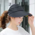 Black empty top sun visor hat for women, wide brim UV protection beach cap for summer outdoor wear. - Adjustable / Smooth Black Color