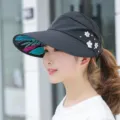 Women empty top sun hat wide brim UV protection summer outdoor beach cycling cap black floral - Adjustable / Pearl Black