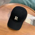 Black washed cotton retro baseball cap with embroidered letter R, soft top casual hat. - Adjustable / Black