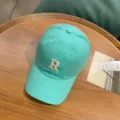 Mint green washed cotton baseball cap with embroidered letter R, vintage casual style hat. - Adjustable / Sky Blue