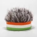 Novelty Funny Flhair Beanie Hat Orange White Green Visor Skullcap with Gray Fake Hair. - Adjustable / Knitted Brown Hair / Orange Plaid