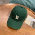 Green washed cotton baseball cap with embroidered letter R, retro casual unisex design. - Adjustable / Dark Green