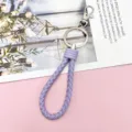 Colorful braided leather rope keychain with metal ring and clasp for keys and bags. - Wrapped Leather Cord / Purple