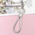 Silver braided leather keychain with metal lobster clasp and key ring for car keys. - Wrapped Leather Cord / Silver