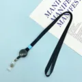 Black lanyard with retractable badge reel and ID card holder strap for office school use. - 1.0 Retractable Lanyard / Black