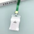 Transparent ID card holder with green lanyard, clear badge protector for employee and student. - Green