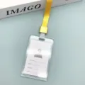 Clear plastic ID card holder with yellow lanyard, perfect for office and school badges. - Yellow