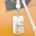 Lindo soporte para tarjeta de identificación de conejo con carrete retráctil y cordón - Conejo de Peluche + Beige Cute Oso Cordón Carrete Retráctil (Cabeza de Oso Beige)