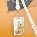 Lindo tarjetero de oso de dibujos animados con cordón retráctil para tarjeta de bus. - Oso de Peluche + Beige Cute Oso Cordón Carrete Retráctil (Cabeza de Oso Beige)