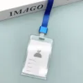 Transparent plastic ID card holder with blue lanyard vertical badge protector for office employee - Dark Blue