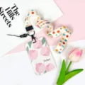 Cute tulip card holder with lanyard student ID badge cover pink floral badge holder set - Five Roses / Orange Floral Long Lanyard