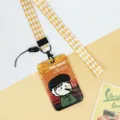Cartoon Van Gogh ID card holder with checkered lanyard, cute student bus card protector. - Yellow Lattice Lanyard / Orange Van Gogh