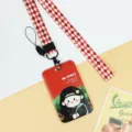 Cartoon Da Vinci Mona Lisa sliding card holder with red checkered lanyard ID badge cover - Red & White Diamond Long Lanyard / Red Da Vinci