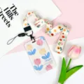 Cute tulip print lanyard with ID card holder, perfect for students and daily office use. - TULIPS Five Flowers / Orange Floral Long Lanyard