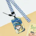 Cute cartoon art girl lanyard card holder with blue plaid strap, slide ID badge case. - Blue Diamond Lanyard / Girl with a Pearl Earring
