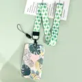 Grünes Pflanzen-Ins-Stil ID-Kartenhalter Lanyard-Set, ideal für Schüler-Schulausweis und Schlüssel. - 5-Blatt Monstera / Grünes Rautenmuster Langes Schlüsselband