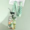 Grüner floraler Ausweishalter mit kariertem Lanyard, süßes Studenten-Namensschild. - Buntes Pflanzenmuster / Grünes Rautenmuster Langes Schlüsselband