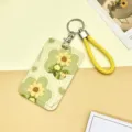 Sunflower card holder with braided lanyard and keychain, cute green floral bus card sleeve. - Flower Sunflower And Yellow Hand Strap