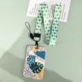 Grüner Pflanzen-Ausweishalter-Lanyard mit grün kariertem Band für Schlüssel und Studentenausweise. - 4-Blatt Monstera / Grünes Rautenmuster Langes Schlüsselband
