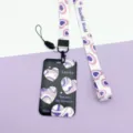 Black purple heart badge holder with lanyard, Harajuku style card sleeve for ID card. - Black With Big Hearts / White Letter Heart Long Lanyard