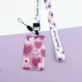 Purple heart pattern ID card holder with matching lanyard, aesthetic Japanese style accessory. - Pink Background Dark Pink Heart / White Letter Heart Long Lanyard