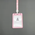 Pink ID badge holder with lanyard plastic card protector for office school transparent - With Lanyard / Pink