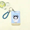 Blue cute duck cartoon card holder with braided keychain strap for student ID and transit cards. - Braided White Goose / Medium Blue Hand Strap