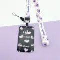 Black purple heart print ID badge holder with lanyard, cute Japanese Harajuku style card sleeve. - Black with Small Hearts / White Letter Heart Long Lanyard