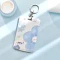 Adorable light blue floral ID card holder with metal keychain for daily badge case - Half Blue Flower And Round Buckle