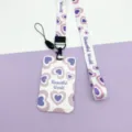Heart ID Card Holder with Lanyard Purple Pink Cute Bus Pass Badge Holder Variant - White Background Letter Heart / White Letter Heart Long Lanyard