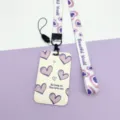 Purple heart ID card holder and lanyard set, cute Harajuku style card sleeve with strap. - Beige Line Heart / White Letter Heart Long Lanyard