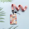 Portatarjetas floral con cordón a cuadros naranja, perfecto para tarjetas de estudiante. - Estilo Floral de Cuadros de Pintura al Óleo / Cordón Largo de Rombos Naranja