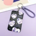 Black purple heart card holder with cute keychain and braided strap aesthetic style - Black With Big Hearts / Purple Edged Hand Rope