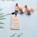 Portatarjetas con cordon a cuadros naranja y bonito patron de flores amarillas para uso diario - Estilo Patrón Flor / Cordón de Cuadros Amarillo