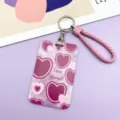 Peach heart print ID card sleeve with pink braided strap, cute keychain for bus cards. - Pink Background Dark Pink Heart / Pink Edged Hand Rope