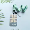 Cordón de cuadros verdes con bonito tarjetero floral para tarjetas de autobús e ID. - Estilo de Rombos LUCKY / Cordón Largo de Rombos Verde