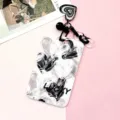 Cute black white heart brushstroke plastic card holder with cute pendant and chain for student ID - Heart Pattern With Black Heart Acrylic Pendant / Black