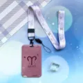 Zodiac lanyard card holder set, cute sliding ID badge holder with strap for students. - Aries Pattern / Pink Long Lanyard