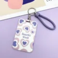 Purple heart pattern card holder with braided wrist strap, cute ID badge holder for daily commute. - White Background Letter Heart / Purple Edged Hand Rope