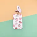 Cute strawberry sliding card holder with strap and bell, ideal for student ID cards. - Plaid Strawberry Rabbit (Pink Heart Clip) / Card Holder + Heart Clip Accessory